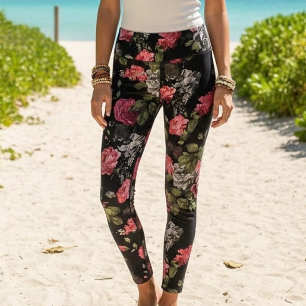 Soft Surroundings Black Floral Pull-on Pants Small